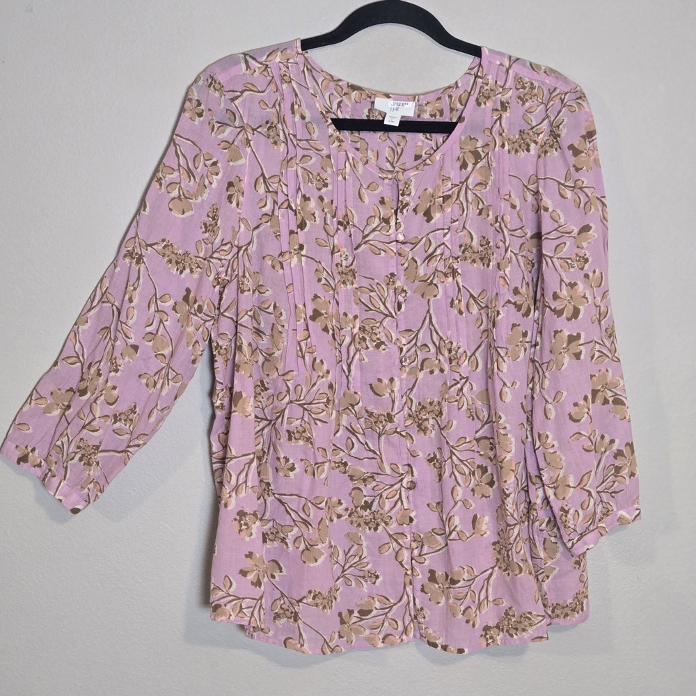 J Jill Cotton Pink Floral 3/4 Sleeve Pintuck Popover Top Size L Petite Feminine